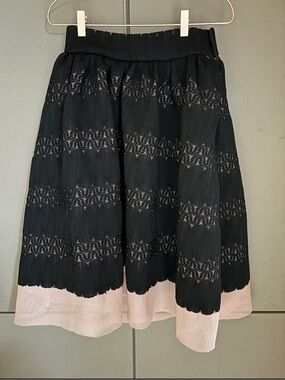 Maje Brand New Black Lace Overlay Midi Skirt with Blush Hem